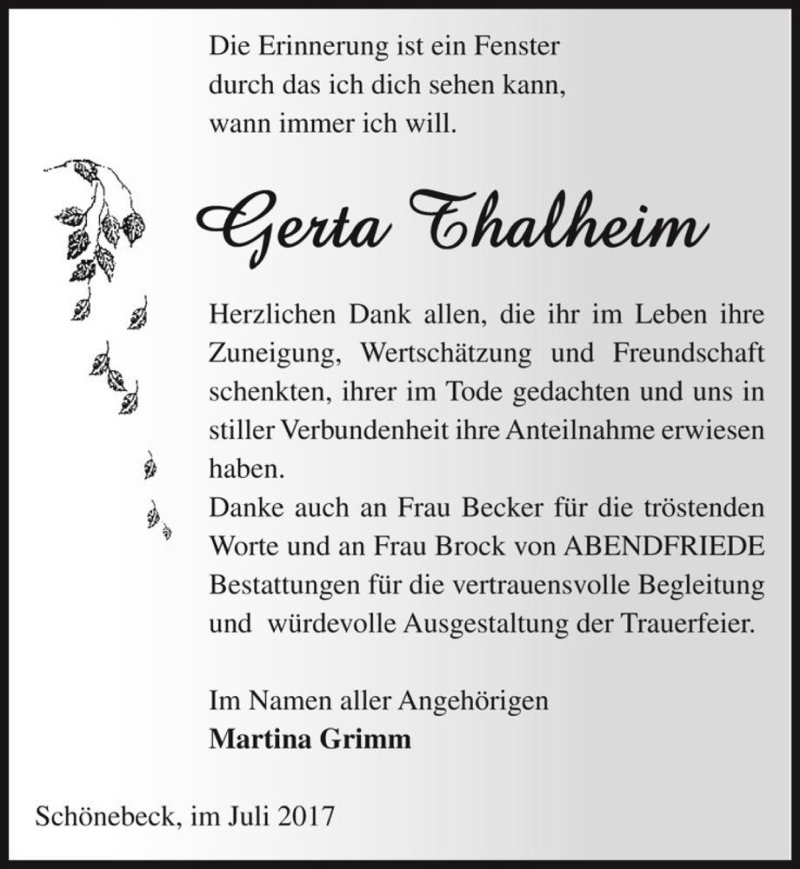  Traueranzeige für Gerta Thalheim  vom 22.07.2017 aus Magdeburger Volksstimme