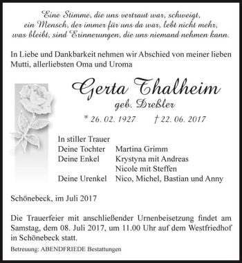 Traueranzeige von Gerta Thalheim (geb. Dreßler)  von Magdeburger Volksstimme