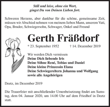 Traueranzeige von Gerth Fräßdorf  von Magdeburger Volksstimme
