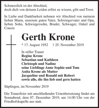 Traueranzeige von Gerth Krone  von Magdeburger Volksstimme