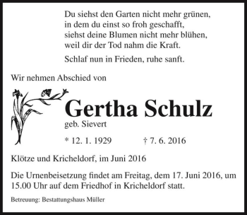 Traueranzeige von Gertha Schulz (geb. Sievert)  von Magdeburger Volksstimme