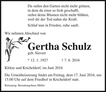 Traueranzeige von Gertha Schulz (geb. Sievert)  von Magdeburger Volksstimme