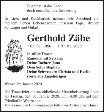 Traueranzeige von Gerthold Zäbe  von Magdeburger Volksstimme