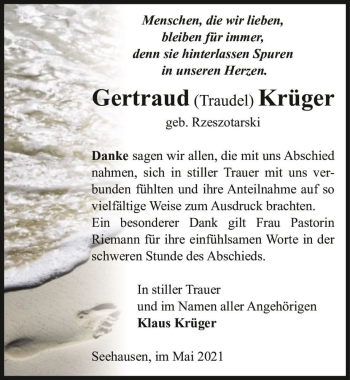 Traueranzeige von Gertraud (Traudel) Krüger (geb. Rzeszotarski)  von Magdeburger Volksstimme
