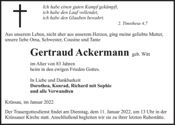 Traueranzeige von Gertraud Ackermann (geb. Witt)  von Magdeburger Volksstimme