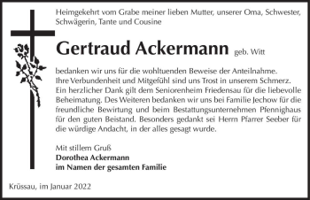 Traueranzeige von Gertraud Ackermann (geb. Witt)  von Magdeburger Volksstimme