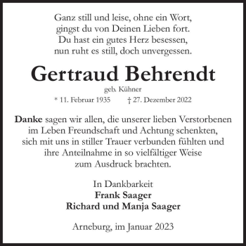 Traueranzeige von Gertraud Behrendt (geb. Kühner)  von Magdeburger Volksstimme