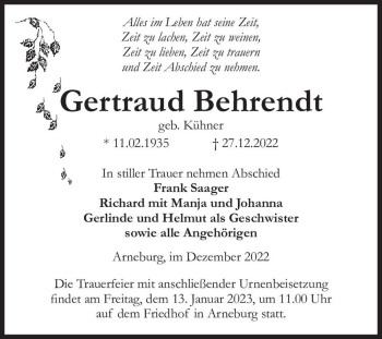 Traueranzeige von Gertraud Behrendt (geb. Kühner)  von Magdeburger Volksstimme