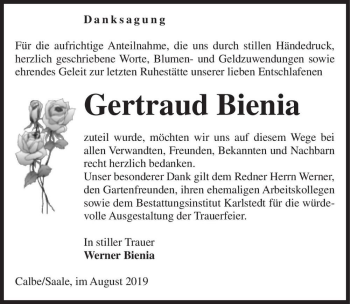 Traueranzeige von Gertraud Bienia  von Magdeburger Volksstimme