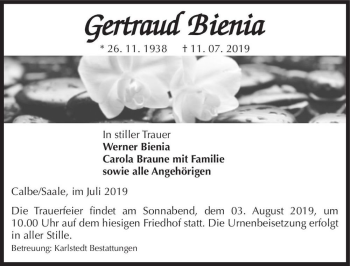 Traueranzeige von Gertraud Bienia  von Magdeburger Volksstimme