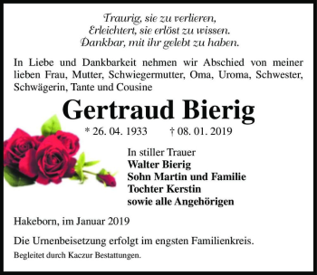 Traueranzeige von Gertraud Bierig  von Magdeburger Volksstimme