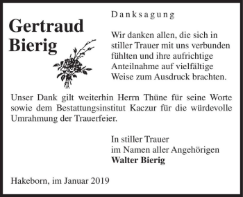 Traueranzeige von Gertraud Bierig  von Magdeburger Volksstimme