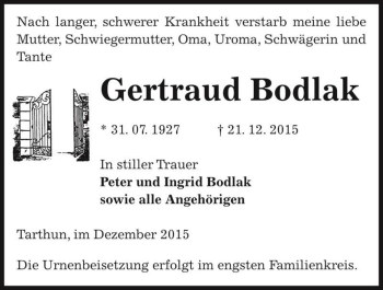 Traueranzeige von Gertraud Bodlak  von Magdeburger Volksstimme