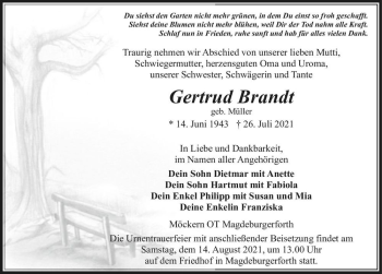 Traueranzeige von Gertraud Brandt (geb. Müller)  von Magdeburger Volksstimme