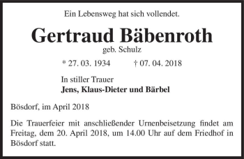 Traueranzeige von Gertraud Bäbenroth (geb. Schulz)  von Magdeburger Volksstimme