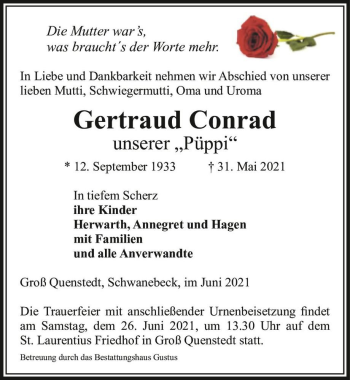 Traueranzeige von Gertraud Conrad 
