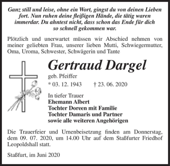 Traueranzeige von Gertraud Dargel (geb. Pfeiffer)  von Magdeburger Volksstimme