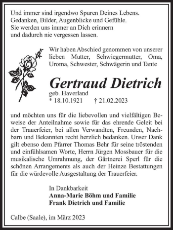 Traueranzeige von Gertraud Dietrich (geb. Haverland)  von Magdeburger Volksstimme