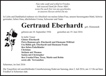 Traueranzeige von Gertraud Eberhardt (geb. Himmstedt)  von Magdeburger Volksstimme