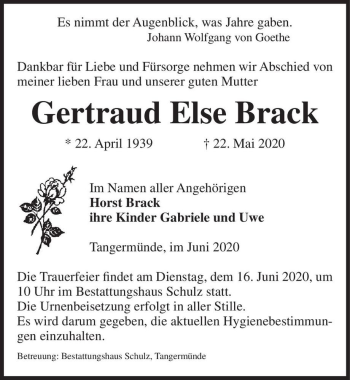 Traueranzeige von Gertraud Else Brack  von Magdeburger Volksstimme
