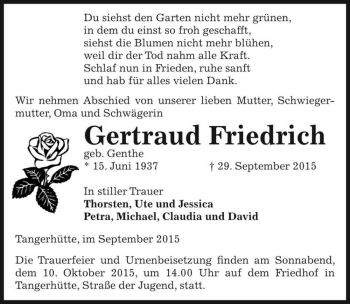 Traueranzeige von Gertraud Friedrich (geb. Genthe)  von Magdeburger Volksstimme