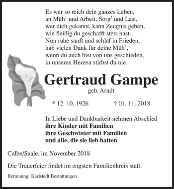 Traueranzeige von Gertraud Gampe (geb. Arndt)  von Magdeburger Volksstimme