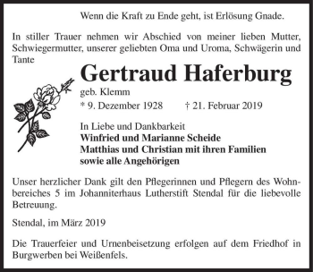 Traueranzeige von Gertraud Haferburg (geb. Klemm)  von Magdeburger Volksstimme