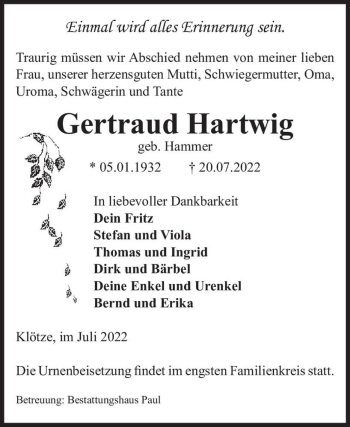 Traueranzeige von Gertraud Hartwig (geb. Hammer)  von Magdeburger Volksstimme
