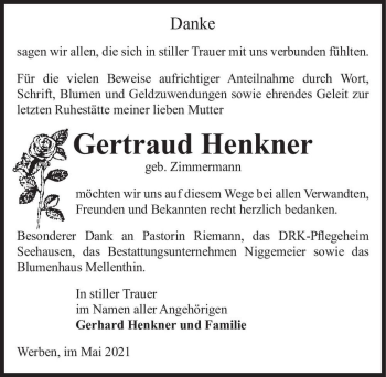 Traueranzeige von Gertraud Henkner (geb. Zimmermann)  von Magdeburger Volksstimme