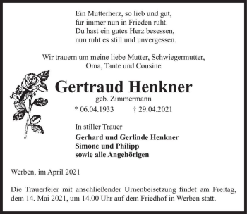 Traueranzeige von Gertraud Henkner (geb. Zimmermann)  von Magdeburger Volksstimme