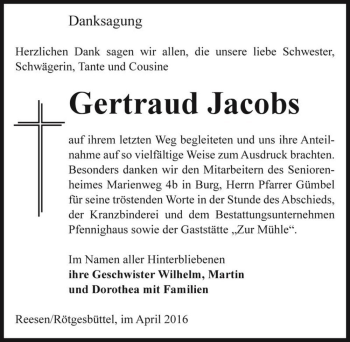 Traueranzeige von Gertraud Jacobs  von Magdeburger Volksstimme
