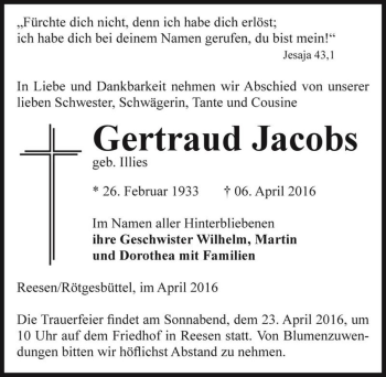 Traueranzeige von Gertraud Jacobs (geb. Illies)  von Magdeburger Volksstimme