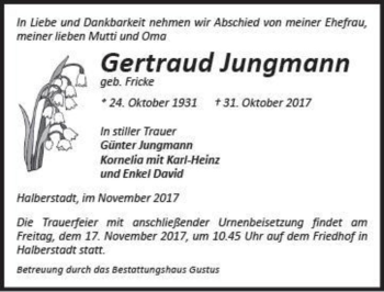 Traueranzeige von Gertraud Jungmann (geb. Fricke)  von Magdeburger Volksstimme