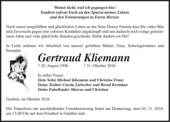 Traueranzeige von Gertraud Kliemann  von Magdeburger Volksstimme