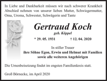 Traueranzeige von Gertraud Koch (geb. Köppel)  von Magdeburger Volksstimme