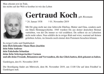 Traueranzeige von Gertraud Koch (geb. Rissmann)  von Magdeburger Volksstimme