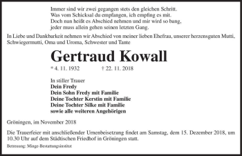 Traueranzeige von Gertraud Kowall  von Magdeburger Volksstimme