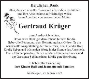 Traueranzeige von Gertraud Krüger  von Magdeburger Volksstimme