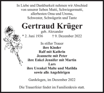 Traueranzeige von Gertraud Krüger (geb. Alexander)  von Magdeburger Volksstimme