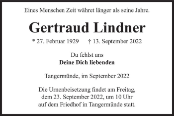 Traueranzeige von Gertraud Lindner  von Magdeburger Volksstimme