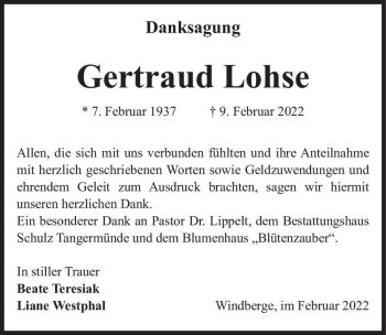 Traueranzeige von Gertraud Lohse  von Magdeburger Volksstimme