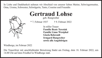 Traueranzeige von Gertraud Lohse (geb. Rungweber)  von Magdeburger Volksstimme