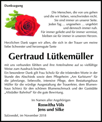 Traueranzeige von Gertraud Lütkemüller  von Magdeburger Volksstimme