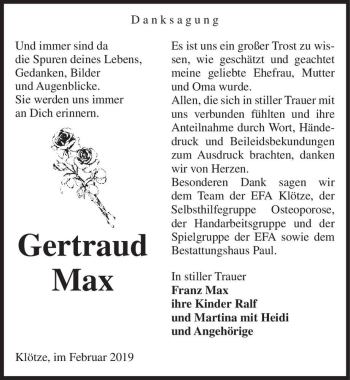 Traueranzeige von Gertraud Max  von Magdeburger Volksstimme