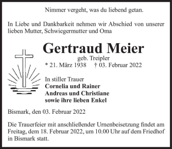 Traueranzeige von Gertraud Meier 8geb. Treipler)  von Magdeburger Volksstimme