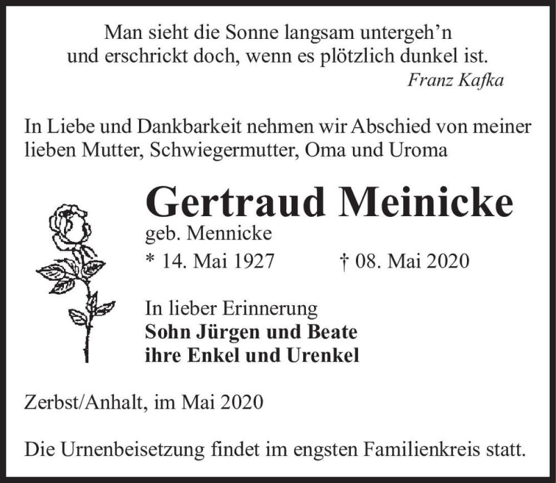  Traueranzeige für Gertraud Meinicke (geb. Mennicke)  vom 16.05.2020 aus Magdeburger Volksstimme