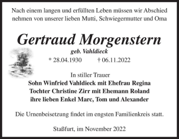 Traueranzeige von Gertraud Morgenstern (geb. Vahldieck)  von Magdeburger Volksstimme
