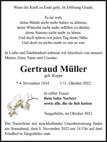 Traueranzeige von Gertraud Müller (geb. Koppe)  von Magdeburger Volksstimme