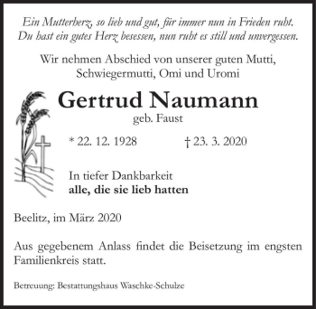 Traueranzeige von Gertraud Naumann (geb. Faust)  von Magdeburger Volksstimme