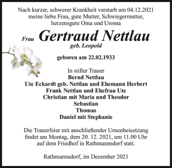 Traueranzeige von Gertraud Nettlau (geb. Leopold)  von Magdeburger Volksstimme